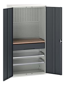 Verso multiple worktop cupboard with 2 shelves, 1 drawer and louvre backpanels. WxDxH: 1050x550x2000mm. RAL 7035/5010 or selected Bott Verso Basic Tool Cupboards Cupboard with shelves